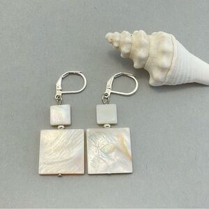 New Modern, Mother of Pearl Dangle Earrings, Geometric, Squares, Neutral, Summer